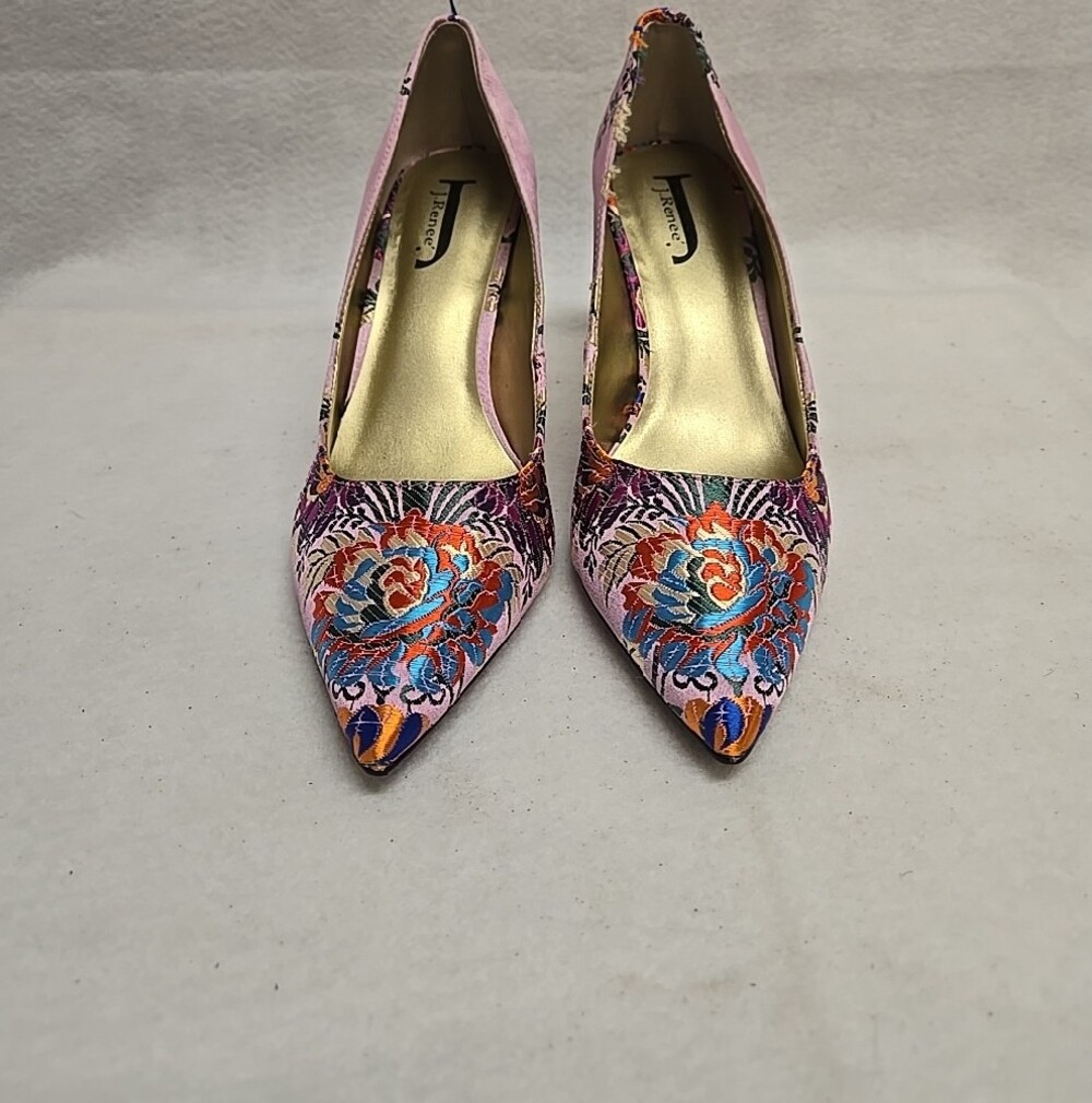 J. Renee 9.5 Pink Floral Embroidered Pointed-Toe Pumps Metal Heels Has Fraying - Picture 2 of 9